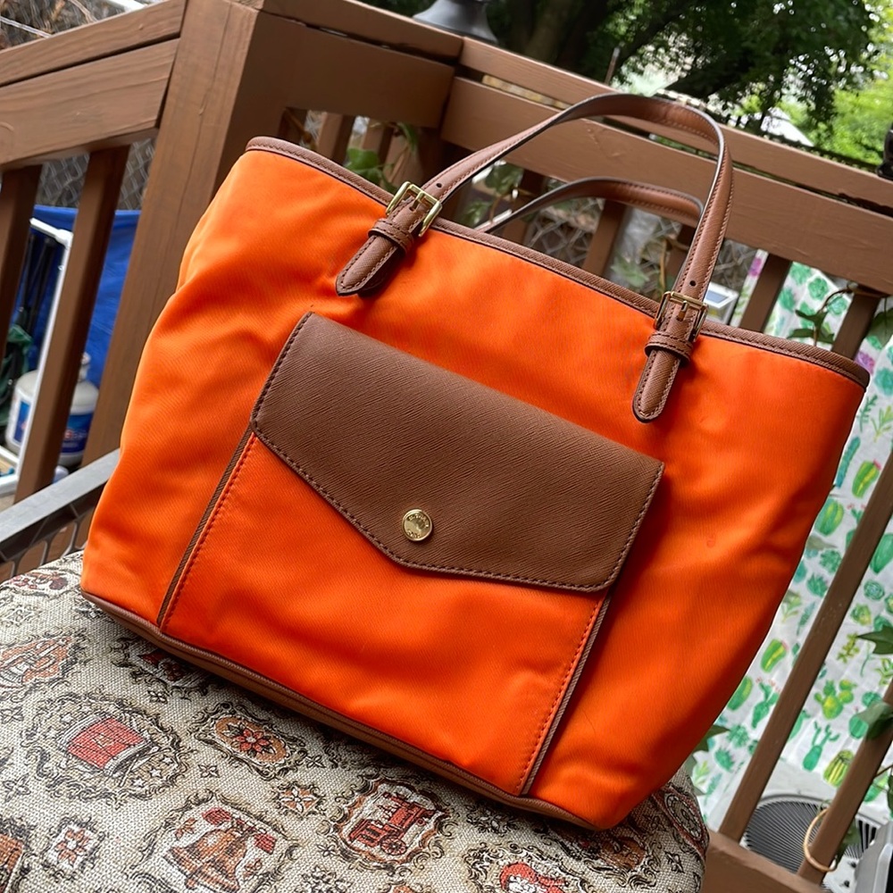 Michael Kors Purse, Orange & Brown w/ gold buckles.